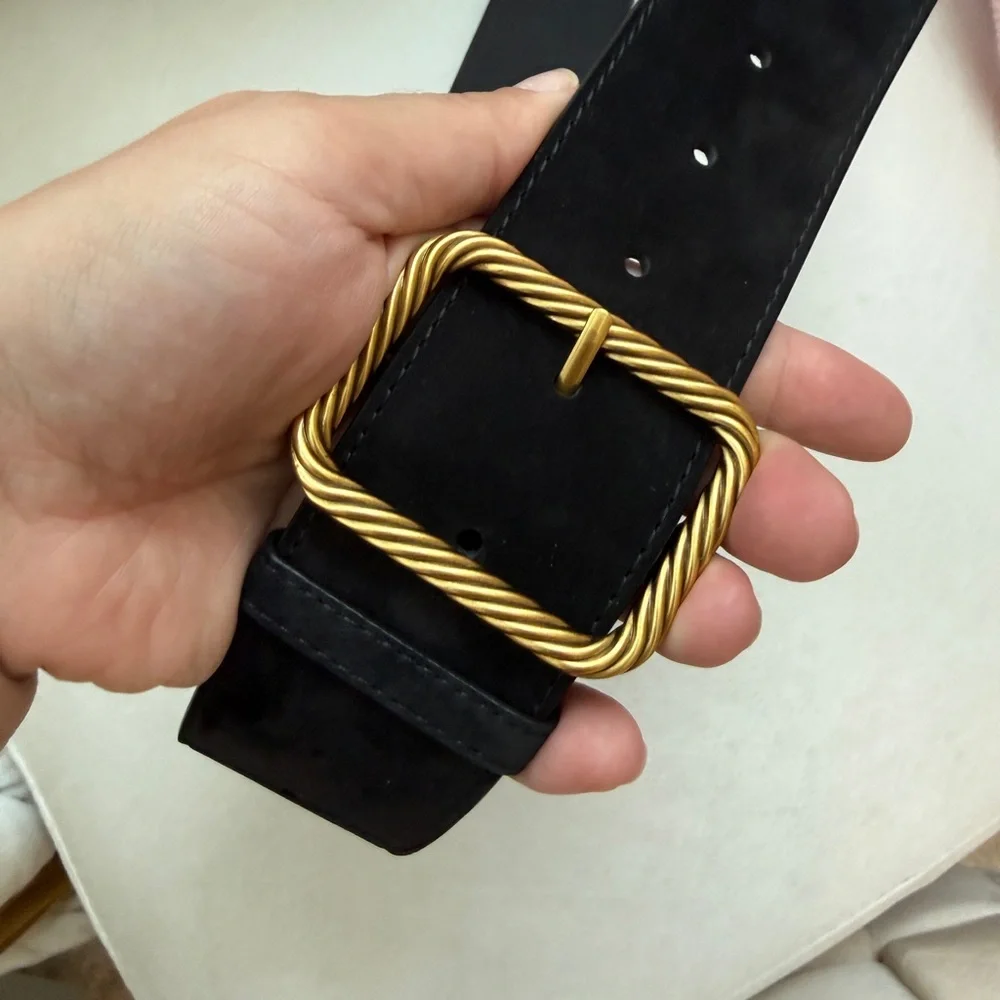 Black Suede Women's Belt with Gold Braided Buckle
